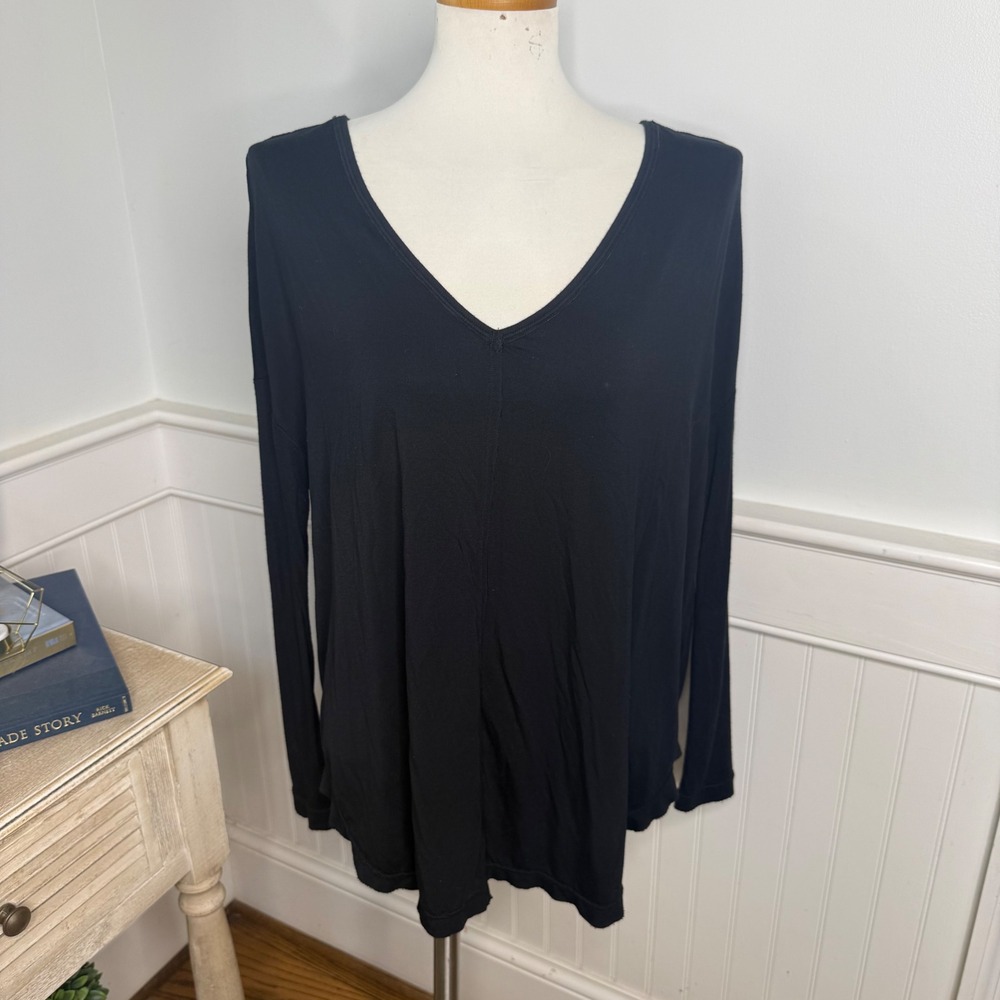 Free People Black V-Neck Long Sleeve Oversized Tee Shirt OB1047791 XS